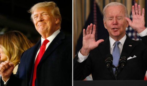 Former President Donald Trump, left, gestures prior to a World Series game between the Houston Astros and the Atlanta Braves on Oct. 30 at Truist Park in Atlanta. President Joe Biden delivers remarks at the White House in Washington, D.C., on Saturday.