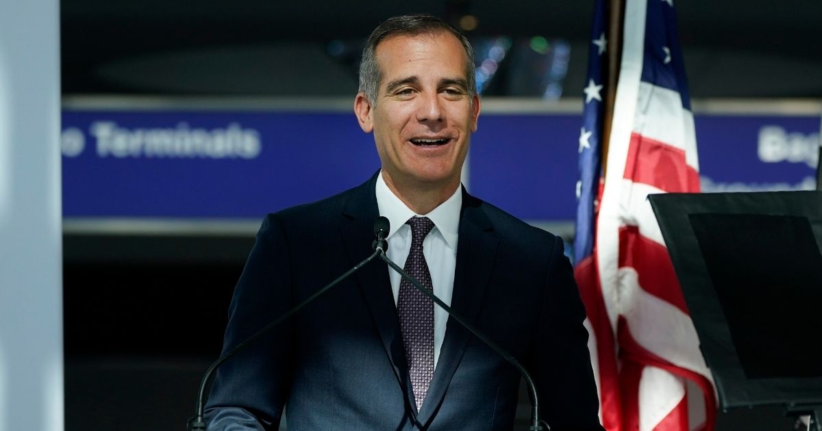 Los Angeles Mayor Eric Garcetti speaks at a news conference at Los Angeles International Airport on May 24 in Los Angeles.