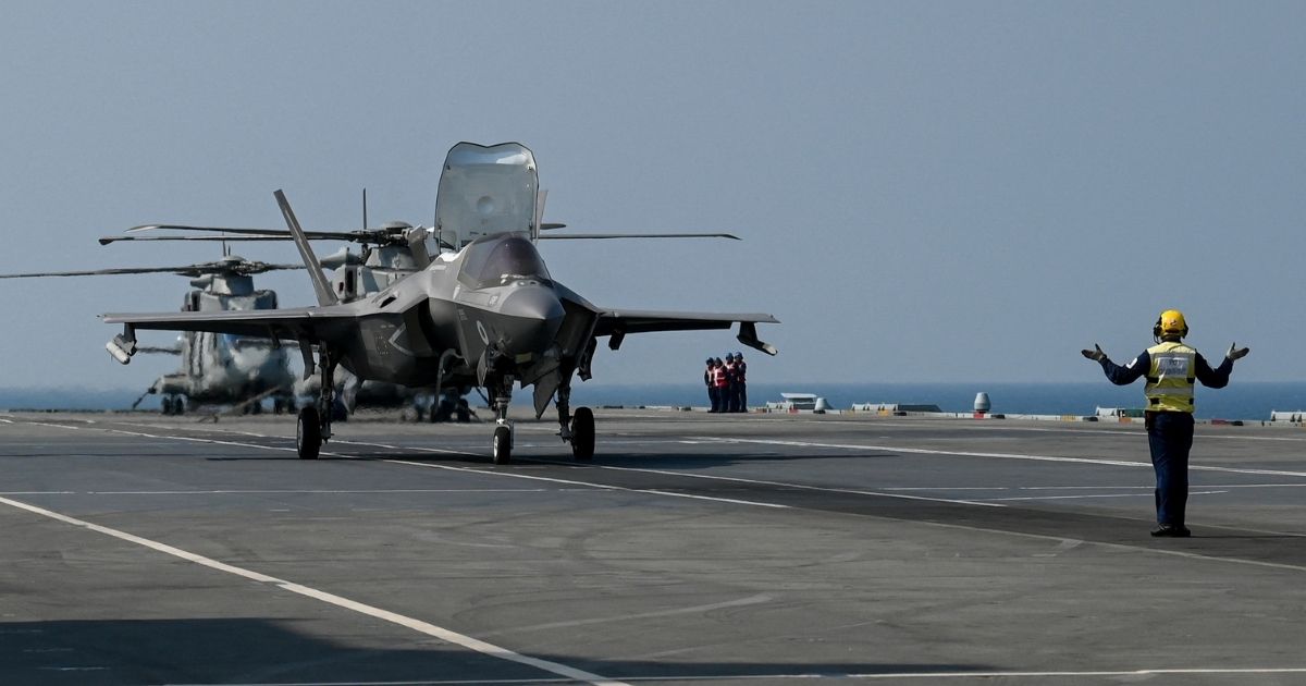 An F-35B fighter jet prepares for takeoff from the flight deck of HMS Queen Elizabeth in the Arabian Sea on Oct. 21.