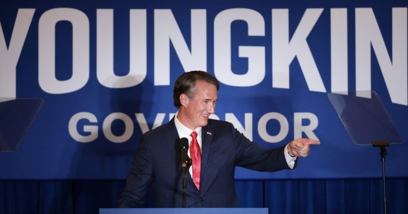 Virginia Gov.-elect Glenn Youngkin takes the stage at an election-night rally on Tuesday in Chantilly, Virginia.