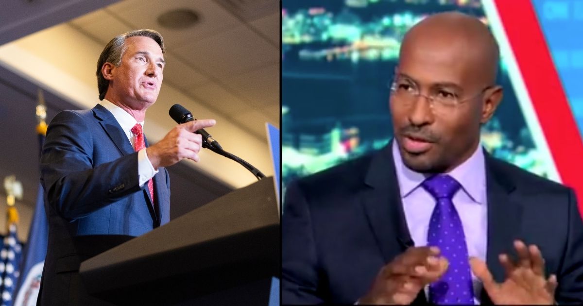 Republican gubernatorial candidate Glenn Youngkin, left, speaks at an election night rally on Tuesday in Chantilly, Virginia. Van Jones is seen on CNN at the right.
