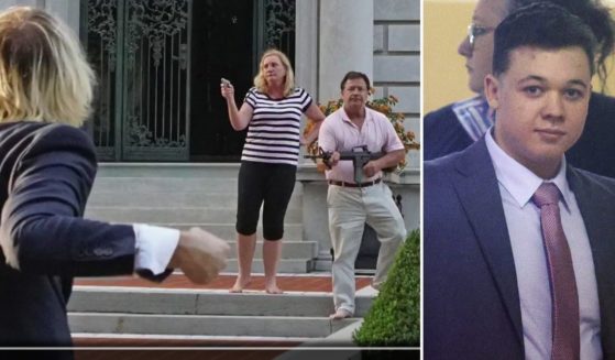 Mark and Patricia McCloskey are seen at left in a viral photo of them from June 2020. The McCloskeys are in Kenosha, Wisconsin, to show support for Kyle Rittenhouse as the jury deliberates.
