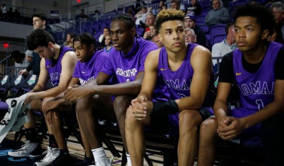 Jalen Duren #23 and Lynn Greer #3 of Roman Catholic High School look on prior to a game during the City of Palms Classic at Suncoast Credit Union Arena on Dec. 18, 2019, in Fort Myers, Florida.