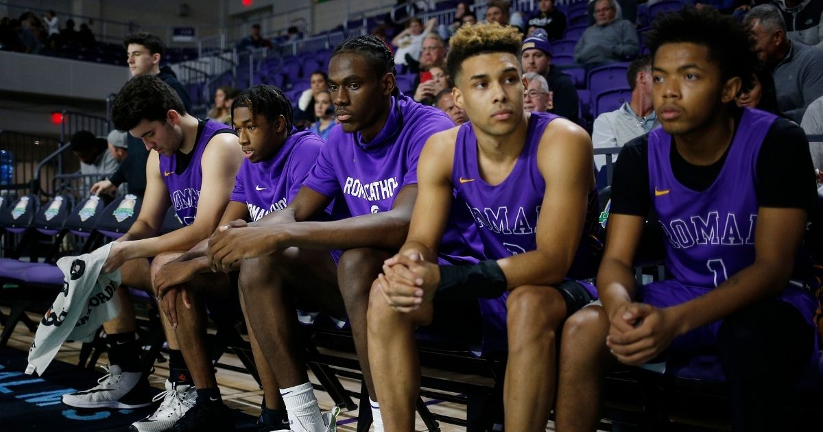 Jalen Duren #23 and Lynn Greer #3 of Roman Catholic High School look on prior to a game during the City of Palms Classic at Suncoast Credit Union Arena on Dec. 18, 2019, in Fort Myers, Florida.