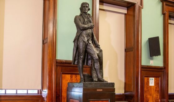 A statue of Thomas Jefferson holding the Declaration of Independence stands in New York's City Hall Council Chamber on Oct. 20.
