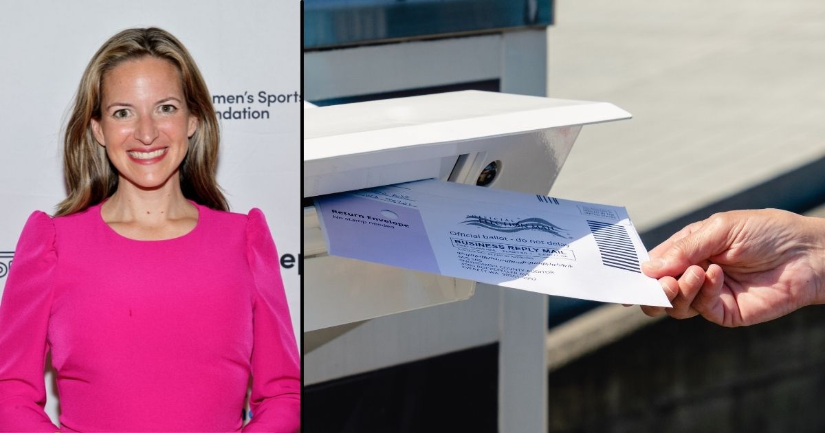 Jocelyn Benson, left, is seen at the New York Historical Society on Oct. 13 in New York City. A voter drops off a mail-in ballot in the stock image on the right.