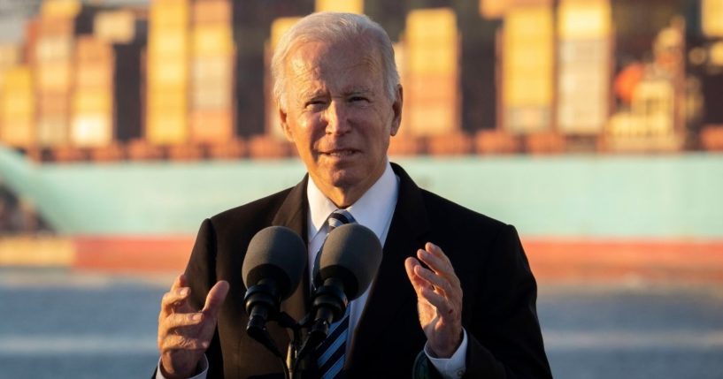 President Joe Biden speaks about the recently passed $1.2 trillion Infrastructure Investment and Jobs Act at the Port of Baltimore on Wednesday in Baltimore.