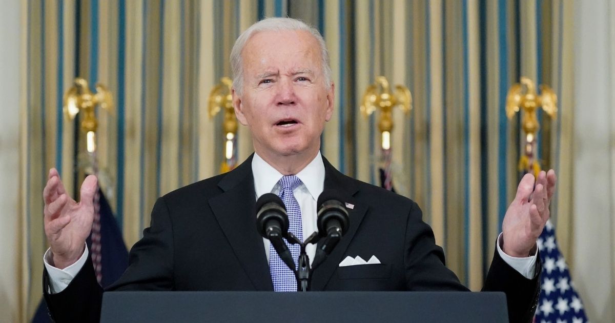 President Joe Biden speaks about his infrastructure bill from the State Dining Room in the White House on Saturday.