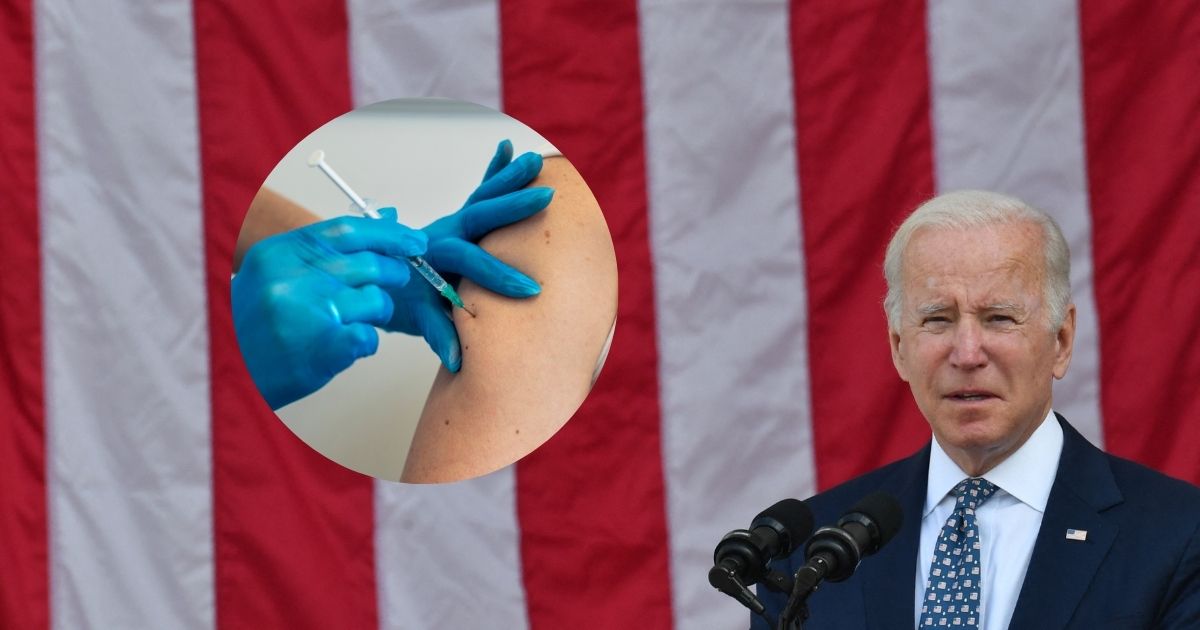 President Joe Biden speaks at Arlington National Cemetary in Arlington, Virginia, on Thursday. A person receives a vaccine in the stock image on the left.