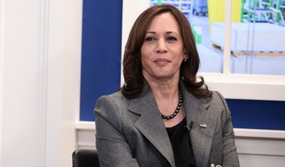 Vice President Kamala Harris listens during a round table event appearing virtually, in the South Court Auditorium in the Eisenhower Executive Office Building on Oct. 20 in Washington, D.C.