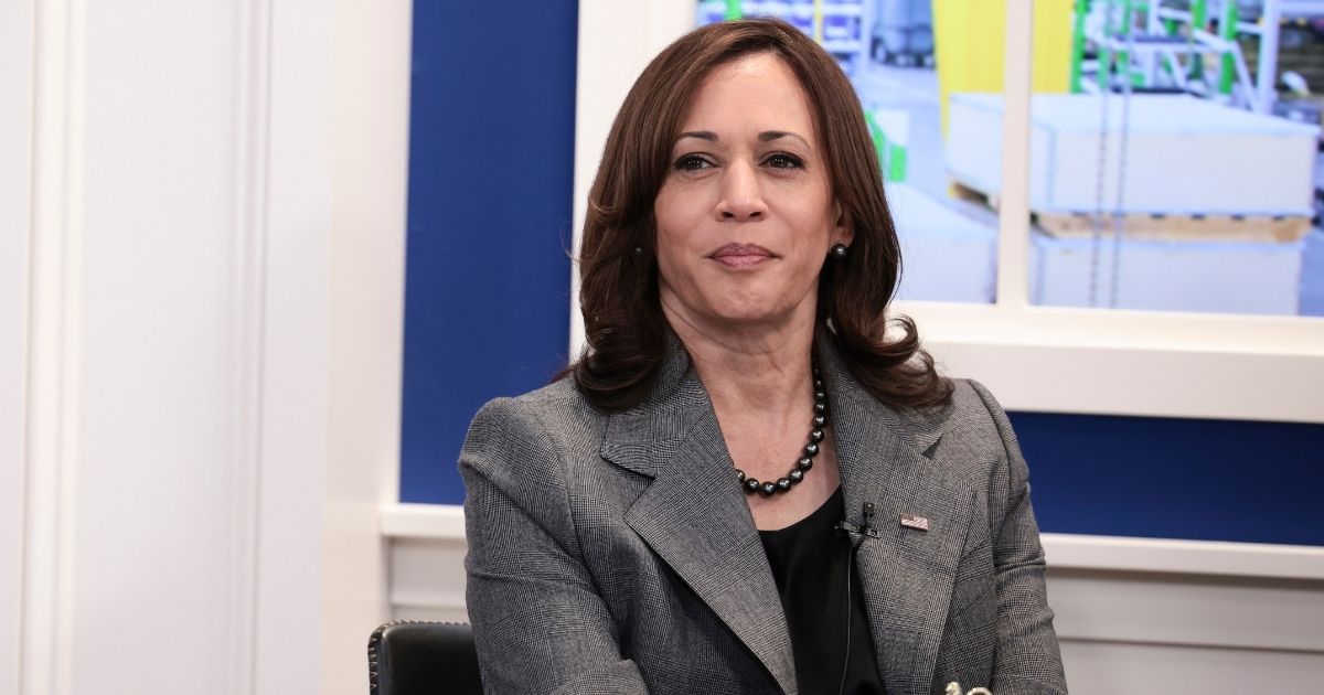 Vice President Kamala Harris listens during a round table event appearing virtually, in the South Court Auditorium in the Eisenhower Executive Office Building on Oct. 20 in Washington, D.C.
