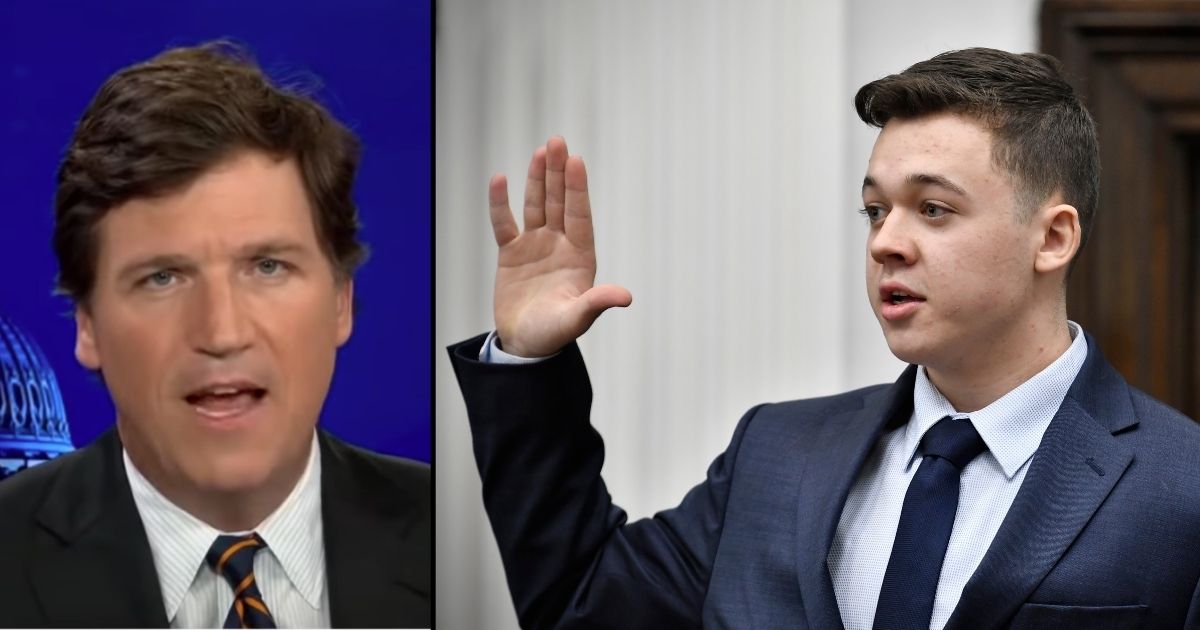 Tucker Carlson is seen in the screen shot on the left. Kyle Rittenhouse is sworn in before testifying at the Kenosha County Courthouse on Wednesday in Kenosha, Wisconsin.