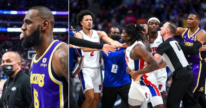 At right, Isaiah Stewart of the Detroit Pistons is restrained as he goes after LeBron James of the Los Angeles Lakers during the third quarter of their game at Little Caesars Arena in Detroit on Sunday. James, left, walks off the court after his ejection.