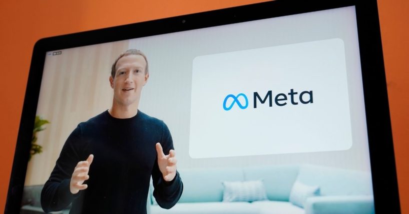 Seen on the screen of a device in Sausalito, California, Facebook CEO Mark Zuckerberg announces the company's new name, Meta, during a virtual event on Oct. 28.