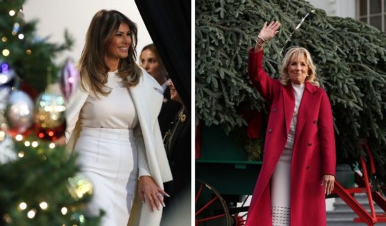 Jill Biden, right, unveiled her White House Christmas decorations on Monday, which seem to pale in comparison to Melania Trump's, left, decorations during her time in the White House.