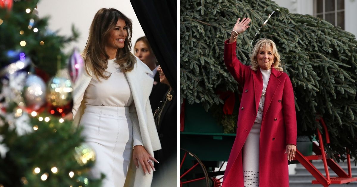 Jill Biden, right, unveiled her White House Christmas decorations on Monday, which seem to pale in comparison to Melania Trump's, left, decorations during her time in the White House.