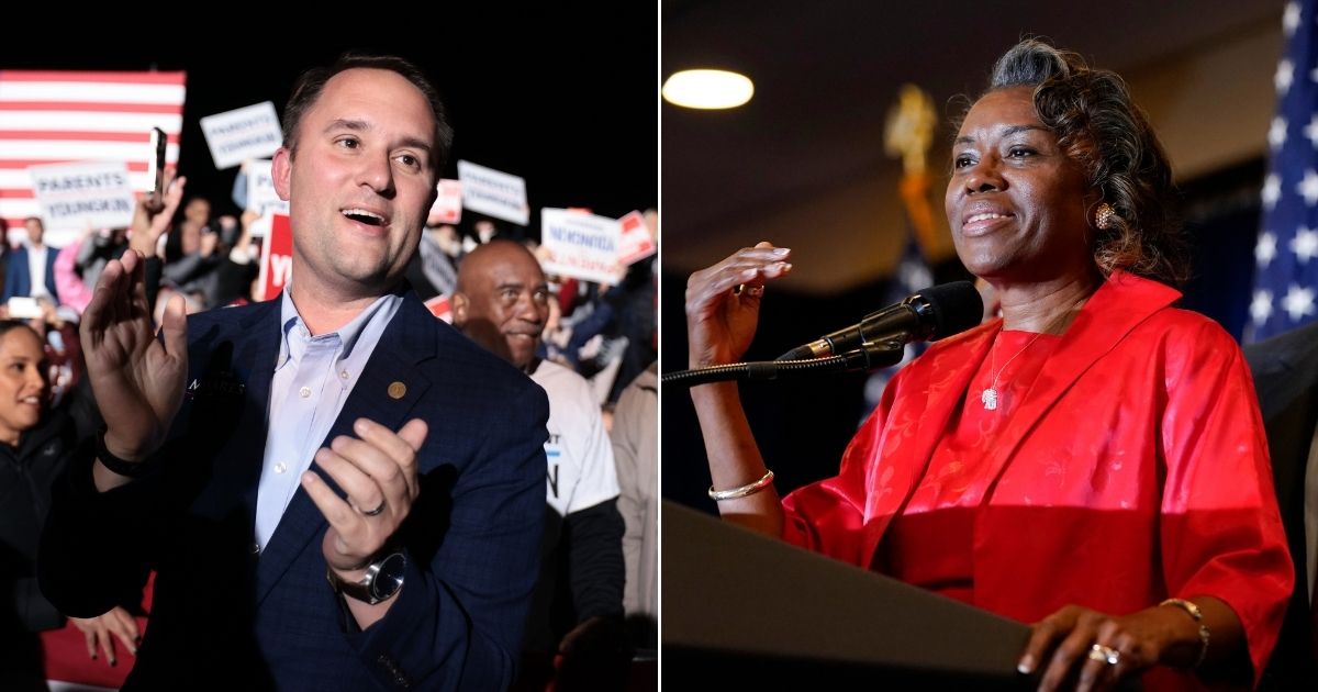 At left, Jason Miyares, the Republican attorney general candidate in Virginia, claps at a campaign rally at the Loudon County Fairground in Leesburg on Monday. At right, GOP Lt. Gov. candidate Winsome Sears speaks during an election night party in Chantilly, Virginia, early Wednesday.