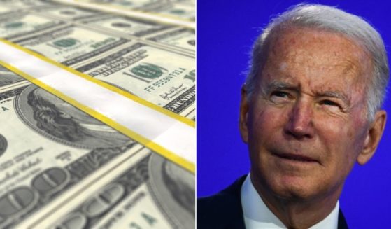 Stacks of $100 bills, left, and President Joe Biden, right.