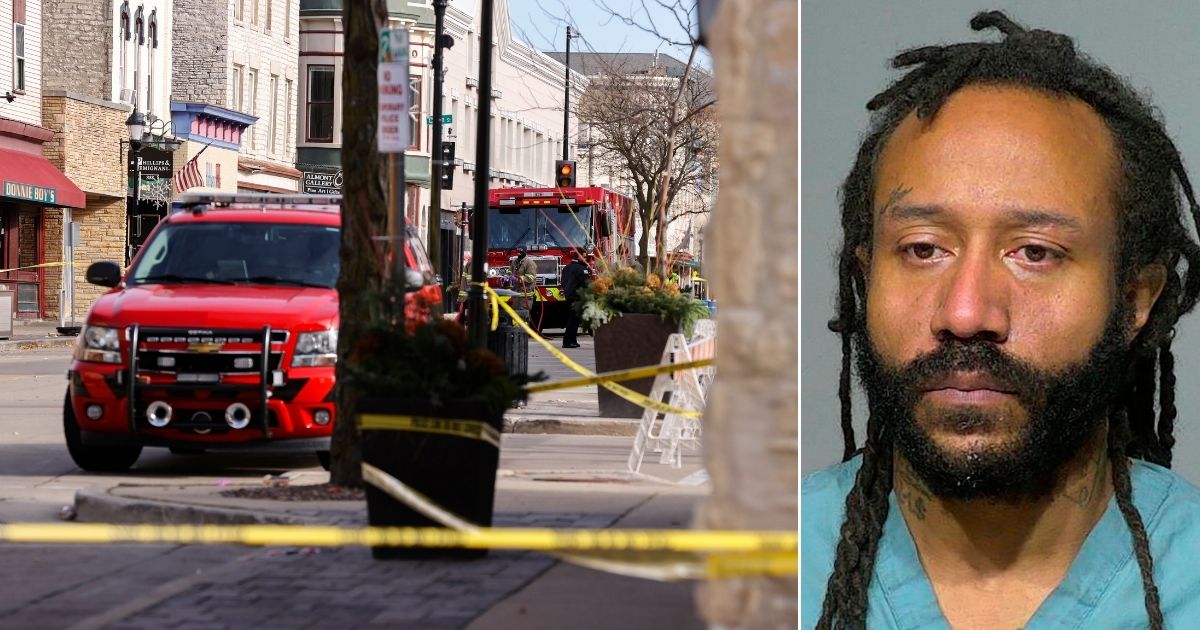Police tape blocks off a street in Waukesha, Wisconsin, on Monday, after a vehicle was driven into a Christmas parade the day before, killing at least five people and injuring dozens of others. Darrell Brooks, right, is facing charges in the horrific incident.