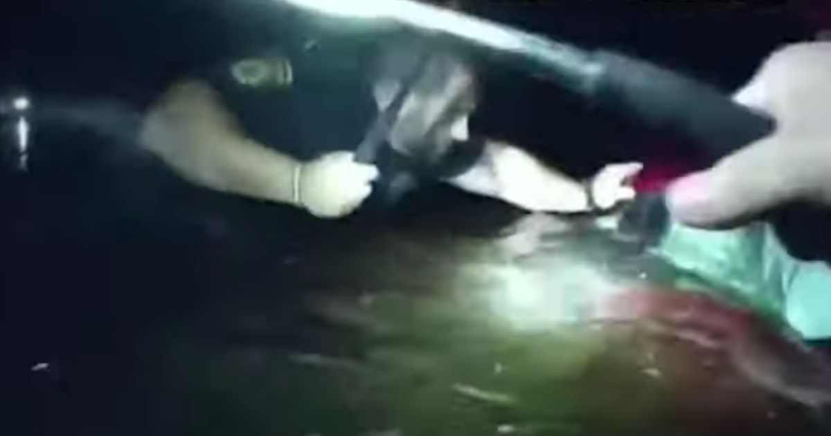 A Port Orange, Florida, police officer breaks the window of a Pizza Hut delivery driver's car to save a woman trapped in the vehicle as it begins sinking in a canal on Nov. 5.