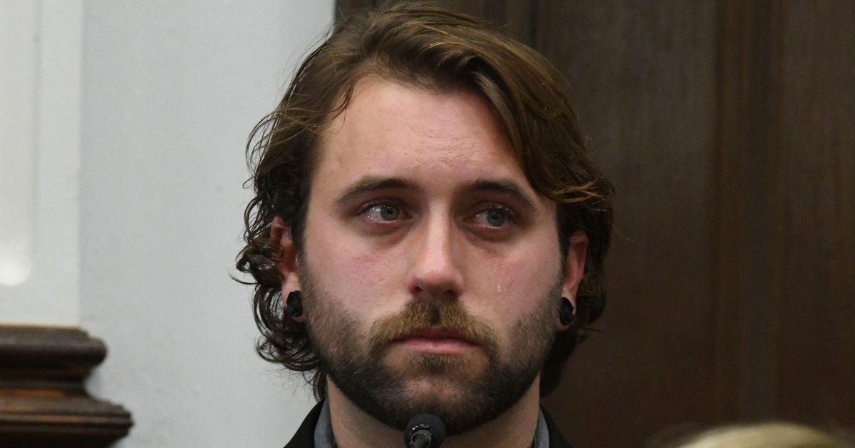 A tear rolls down the cheek of Gaige Grosskreutz as he testifies during the Kyle Rittenhouse trial in Kenosha Circuit Court Monday. Grosskreutz was shot in the right bicep by Rittenhouse after pointing a handgun at the teen during a 2020 riot. Grosskreutz later criticized Rittenhouse's emotional breakdown on the witness stand this week as childish.