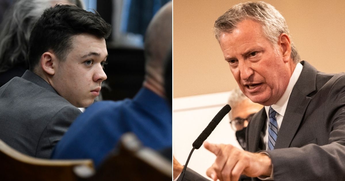 At left, Kyle Rittenhouse listens as attorneys discuss the potential for a mistrial at the Kenosha County Courthouse iin Kenosha, Wisconsin, on Wednesday. At right, New York Mayor Bill de Blasio speaks during a news conference at Rikers Island on Sept. 27.