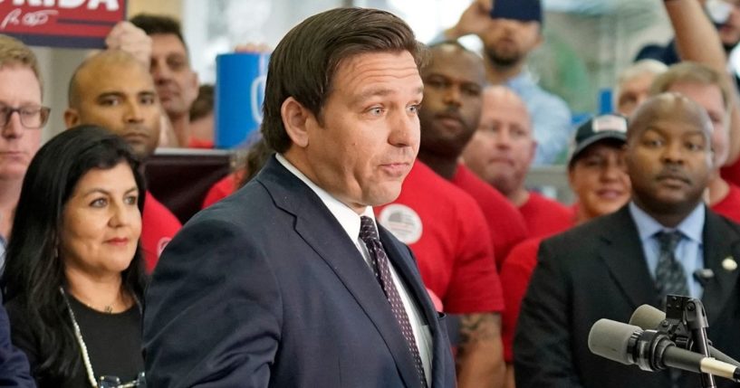 Florida Gov. Ron DeSantis speaks to members of the media before a bill signing Thursday in the city of Brandon.