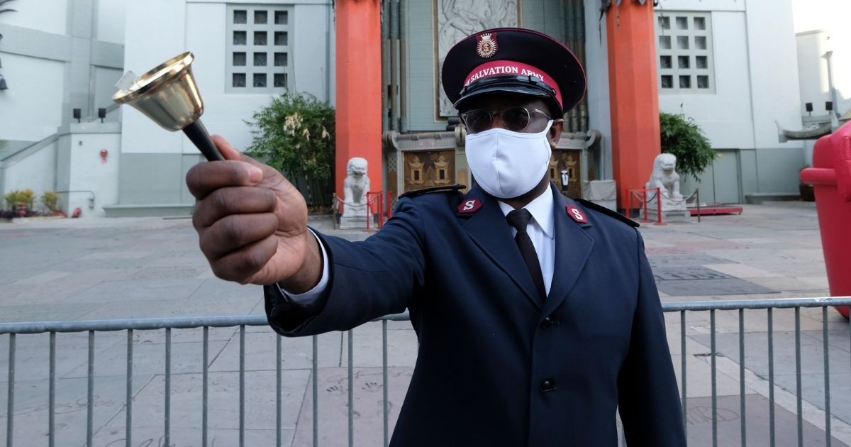 Salvation Army volunteer Major Osei Stewart takes part in the The Salvation Army And TCL Chinese Theatre Host Red Kettle Drive-Thru Donation Event at TCL Chinese Theatre on Dec.10, 2020, in Hollywood, California.