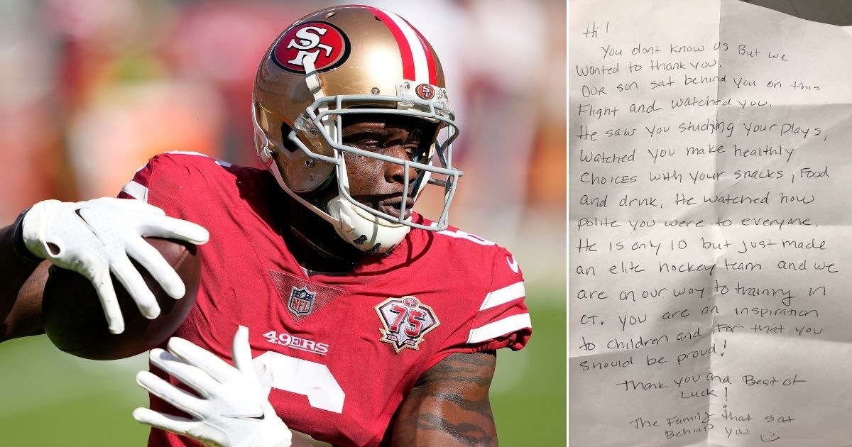 Mohamed Sanu, shown warming up before the San Francisco 49ers' game against the Arizona Cardinals at Levi's Stadium on Nov. 7, made a big impression on one family during a commercial flight four years ago, as shown in the note he was handed, right.