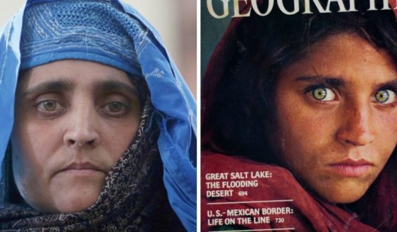 Sharbat Gulla, the striking green-eyed child who became known as the 'Afghan girl,' is seen in Steve McCurry's famed 1985 National Geographic magazine cover photo, right, and at left, in 2016 in Afghanistan. Sharbat has arrived in Italy as part of the West’s evacuation of Afghans following the Taliban takeover of the country, the Italian government said Thursday.