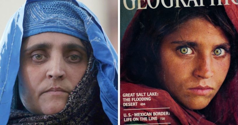 Sharbat Gulla, the striking green-eyed child who became known as the 'Afghan girl,' is seen in Steve McCurry's famed 1985 National Geographic magazine cover photo, right, and at left, in 2016 in Afghanistan. Sharbat has arrived in Italy as part of the West’s evacuation of Afghans following the Taliban takeover of the country, the Italian government said Thursday.