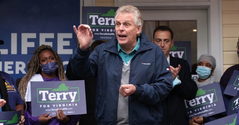 Democratic gubernatorial candidate Terry McAuliffe speaks to supporters during a Tuesday event in Falls Church, Virginia.