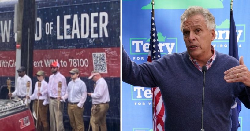A group armed with Tiki torches showed up to pose in front of Glenn Youngkin's campaign bus on Friday, pretending to be white supremacists who supported the Republican gubernatorial candidate. Democratic gubernatorial candidate Terry McAuliffe holds a rally in Richmond, Virginia, on Sunday.