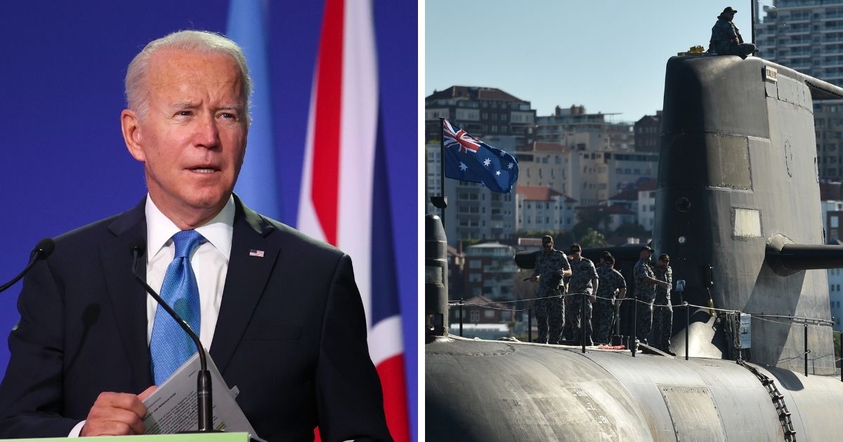 President Joe Biden, left; an Australian submarine, right.