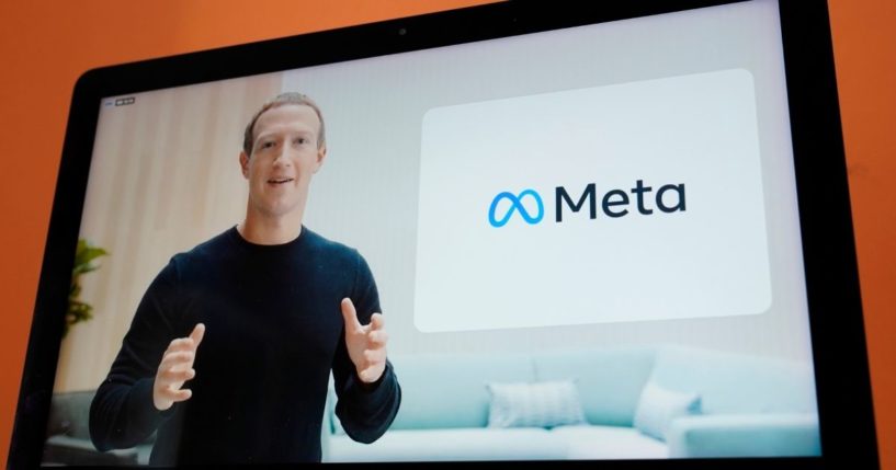 Seen on the screen of a device in Sausalito, Calif., Facebook CEO Mark Zuckerberg announces the company's new corporate name, Meta, during a virtual event on Oct. 28, 2021.