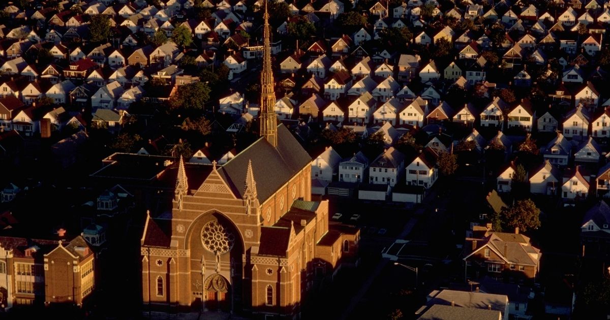 An aerial view of part of Hamtramck, Michigan, showing St. Florian Catholic Church.