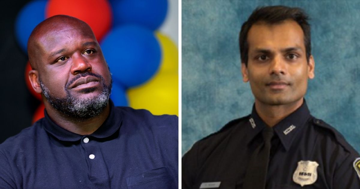 NBA legend Shaquille O'Neal, left; Henry County, Georgia, police officer Paramhans Desai, right.
