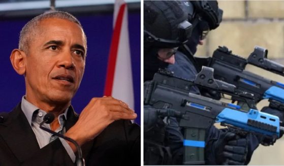 Former President Barack Obama, left; Scots police pointing weapons, right.
