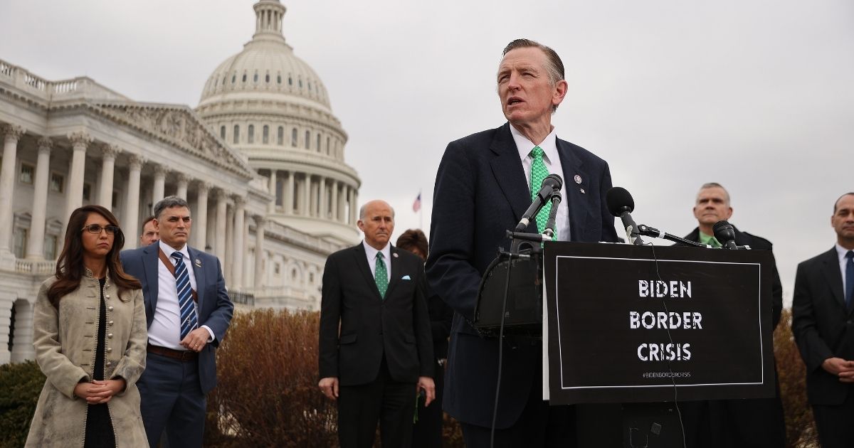 Paul Gosar speaks during a news conference with members of the House Freedom Caucus outside the U.S. Capitol in Washington, D.C., on March, 17.