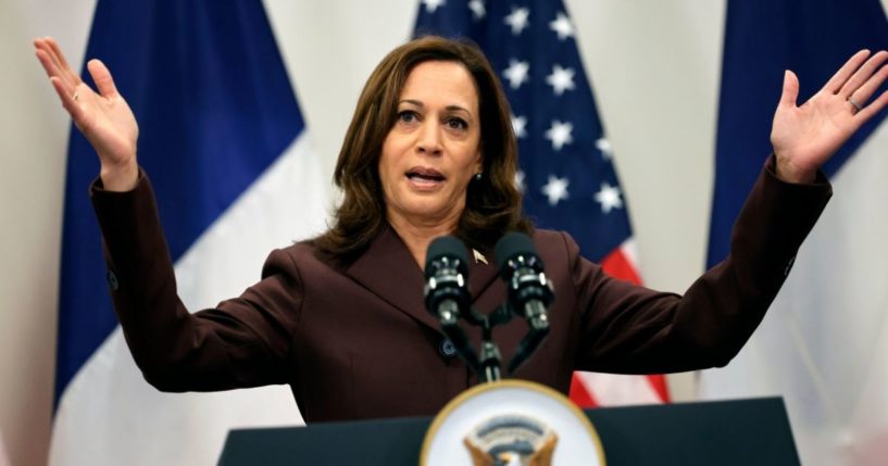 Vice President Kamala Harris speaks during a news conference in Paris on Friday.