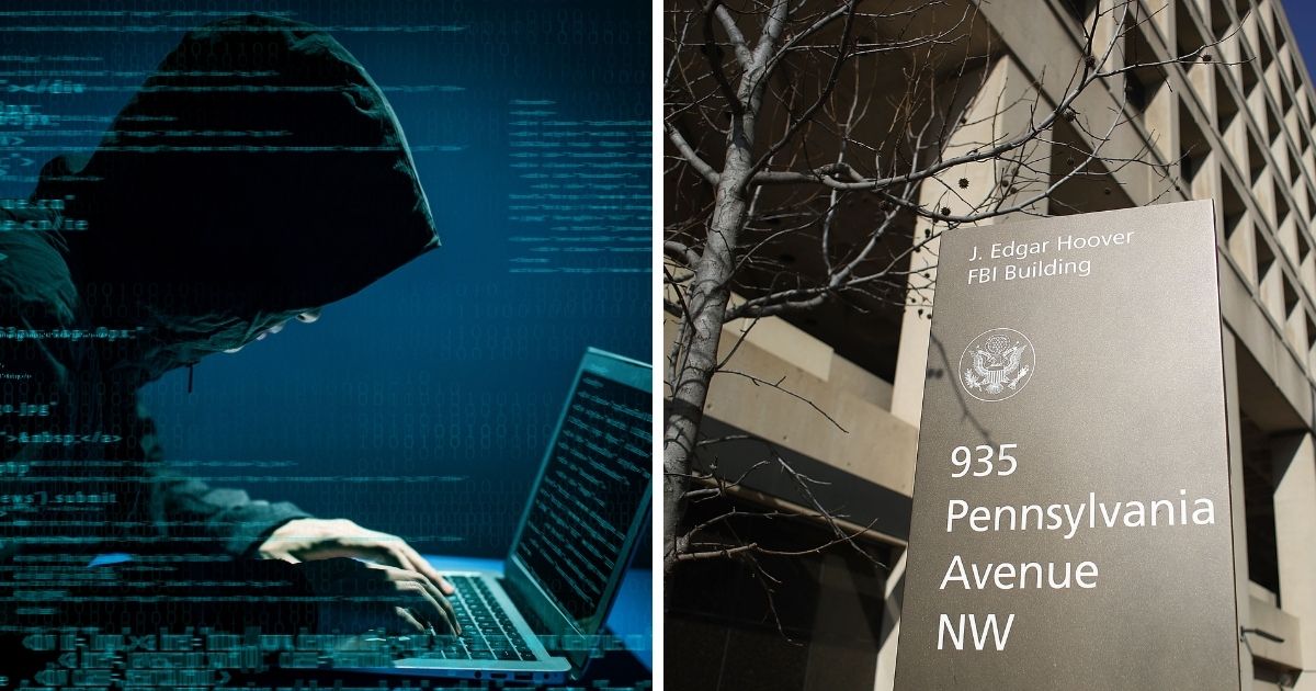 Shadowy image of man at computer, left; sign outside the FBI's headquarters in Washington, right.