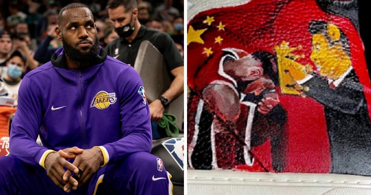 NBA star LeBron James, left, and a sneaker picture showing him on one knee being crowed by Chinese President Xi Jinping.