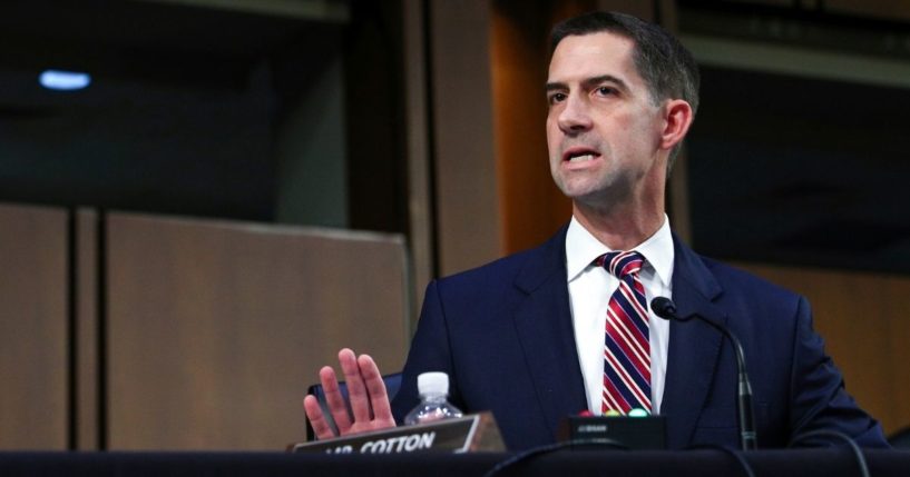 GOP Sen. Tom Cotton of Arkansas, pictured here in September speaking during a Senate Judiciary Committee hearing to examine Texas' abortion law, says the Biden administration should mount 'a complete and total boycott of the Beijing Winter Olympics.'