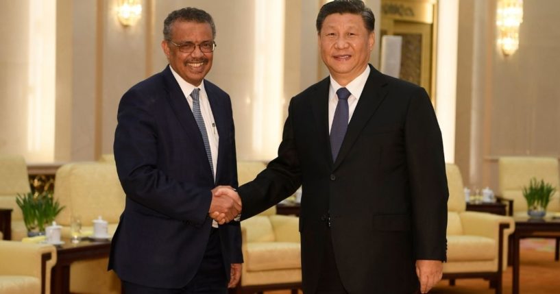Tedros Adhanom Ghebreyesus, left, director general of the World Health Organization, shakes hands with Chinese President Xi Jinping before a meeting in Beijing on Jan. 28, 2020.