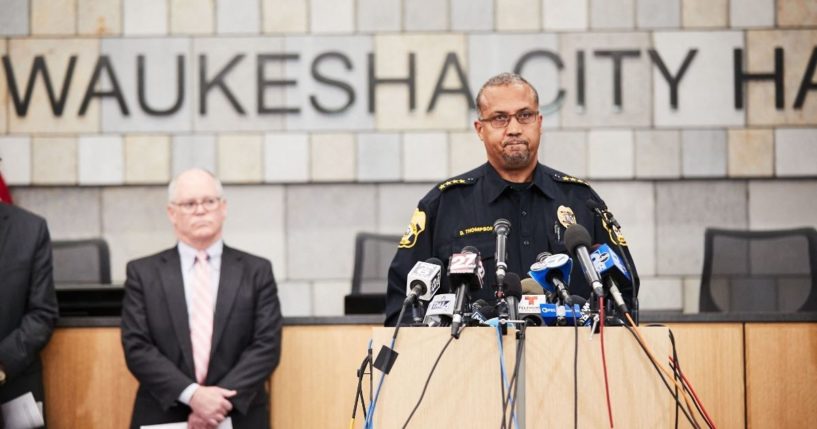 Chief of Police Dan Thompson speaks at a news conference at Waukesha City Hall in Waukesha, Wisconsin, on Monday, the day after a vehicle drove through a Christmas parade the night before, killing several people.