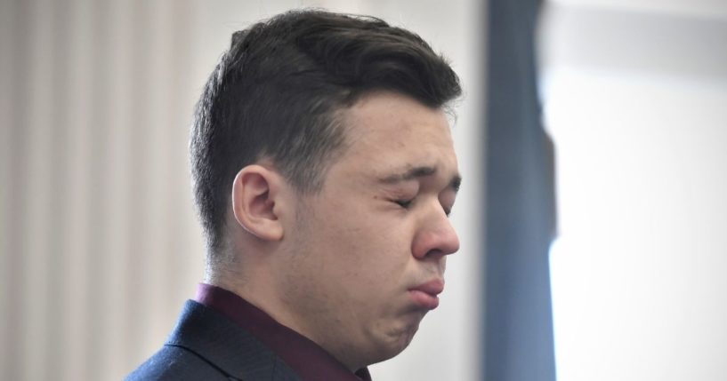 Kyle Rittenhouse breaks into tears as he is found not guilty on all counts at the Kenosha County Courthouse Friday.