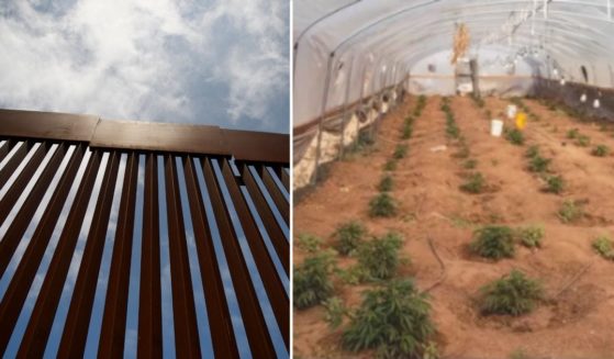 A border wall stands between San Diego and Tijuana on May 10 in San Diego County, California. A marijuana farm is seen in the screen shot on the right.