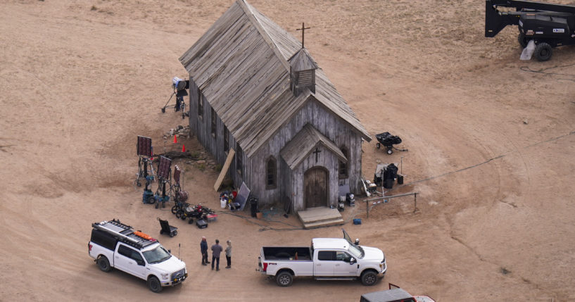 The Bonanza Creek Ranch movie set in Santa Fe, New Mexico, is seen in a file photo from Oct. 23, days after actor Alec Baldwin fatally shot cinematographer Halyna Hutchins during filming of a Western. Investigators have issued a new search warrant in response to information about the possible origin of the live round of ammunition in a prop gun that was supposed to contain only blanks.