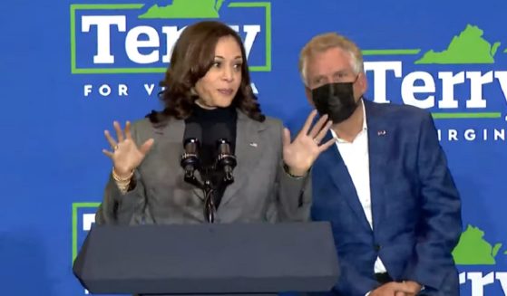 Vice President Kamala Harris speaks with Virginia Gov. Terry McCauliffe during a campaign event Friday in Norfolk.