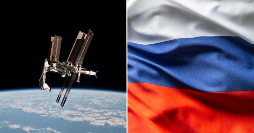 The International Space Station and the docked space shuttle Endeavour orbit Earth on May 23, 2011. The Russian flag is seen in the stock image on right.